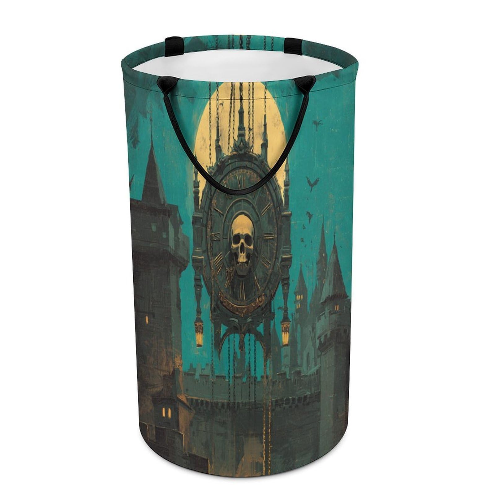 LUYYSKY Vintage Realistic Skull Clock Versatile Storage Laundry Basket, Classic Rustic Full Moon Gothic Castle Skeleton Skull Pattern Large Bathroom Laundry Hamper With Handle-40 CM Dia, 69 CM High
