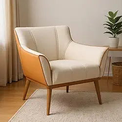 Poltrona Berlim em Courino e Veludo Pés Palito de Madeira