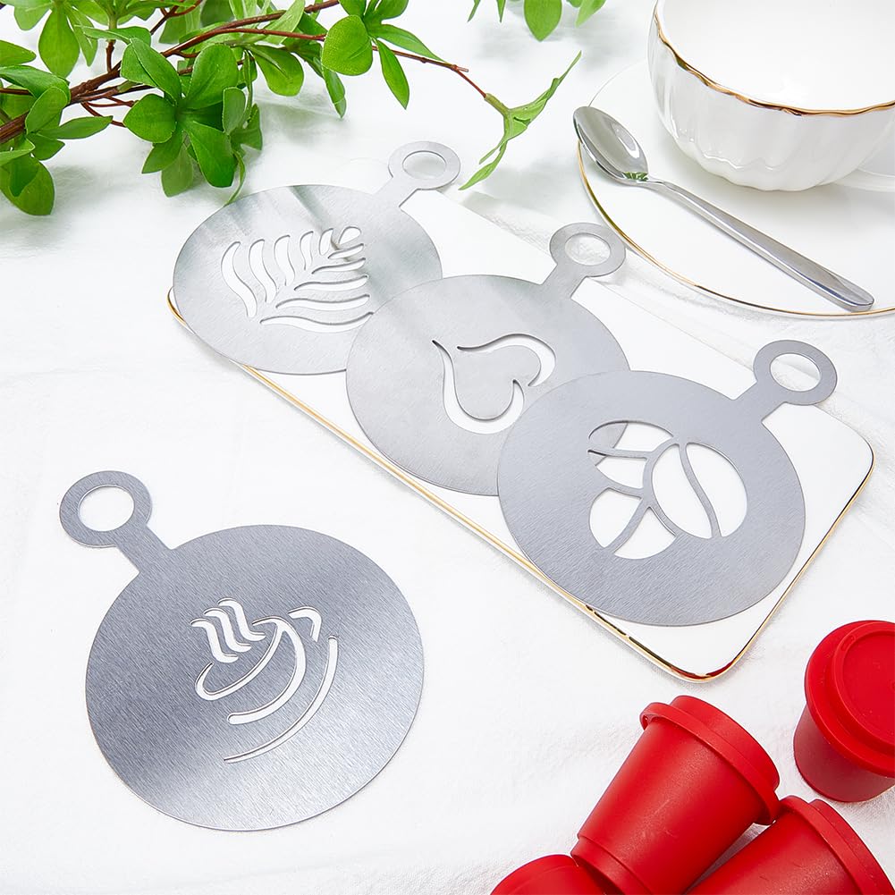 TOCCOOL 4PCS Coffee Art Stencil Set - Reusable Stainless Steel Latte Templates With Powder Sifter