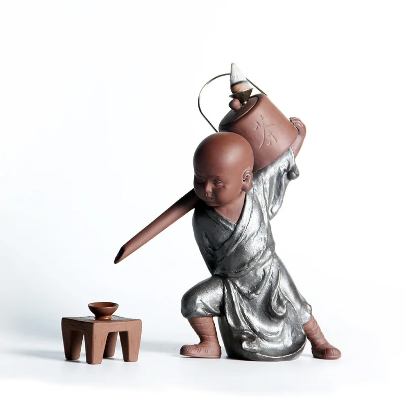 Brûleur d'encens reflux en sables violets Kung Fu Monk, statuette d'art de 20 cm