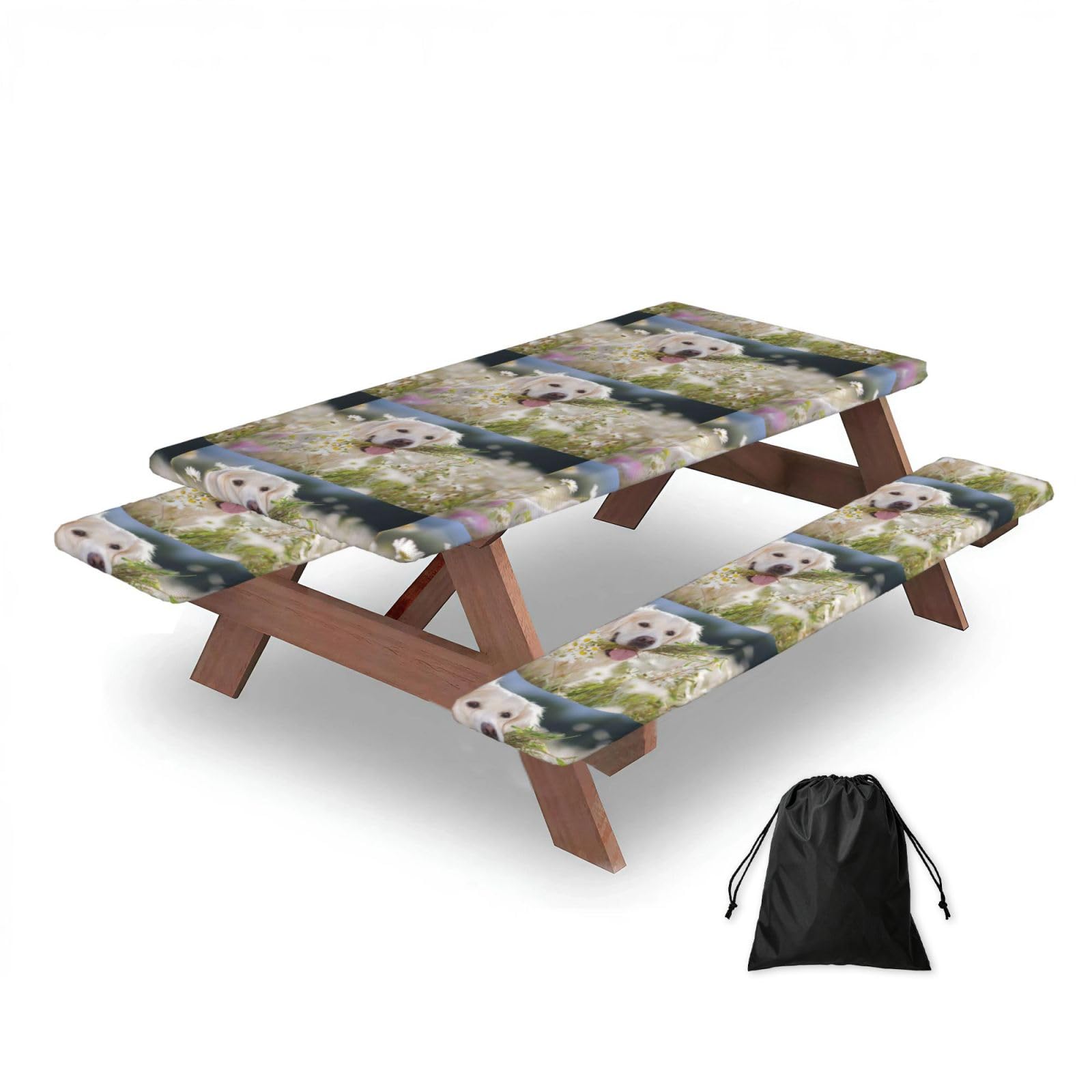 Dopklna As Picture Golden Retriever, Picnic Table Cover With Bench Covers -Waterproof Elastic Fitted Tablecloth For Garden Camping Patio 76X152cm