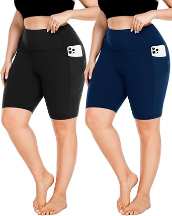 FULLSOFT Plus Size Biker Shorts for Women-High Waist X-Large-4X Tummy Control Womens Shorts with Pockets Leggings Shorts for Yoga Workout2 Pack Black/Navy Blue,X-Large