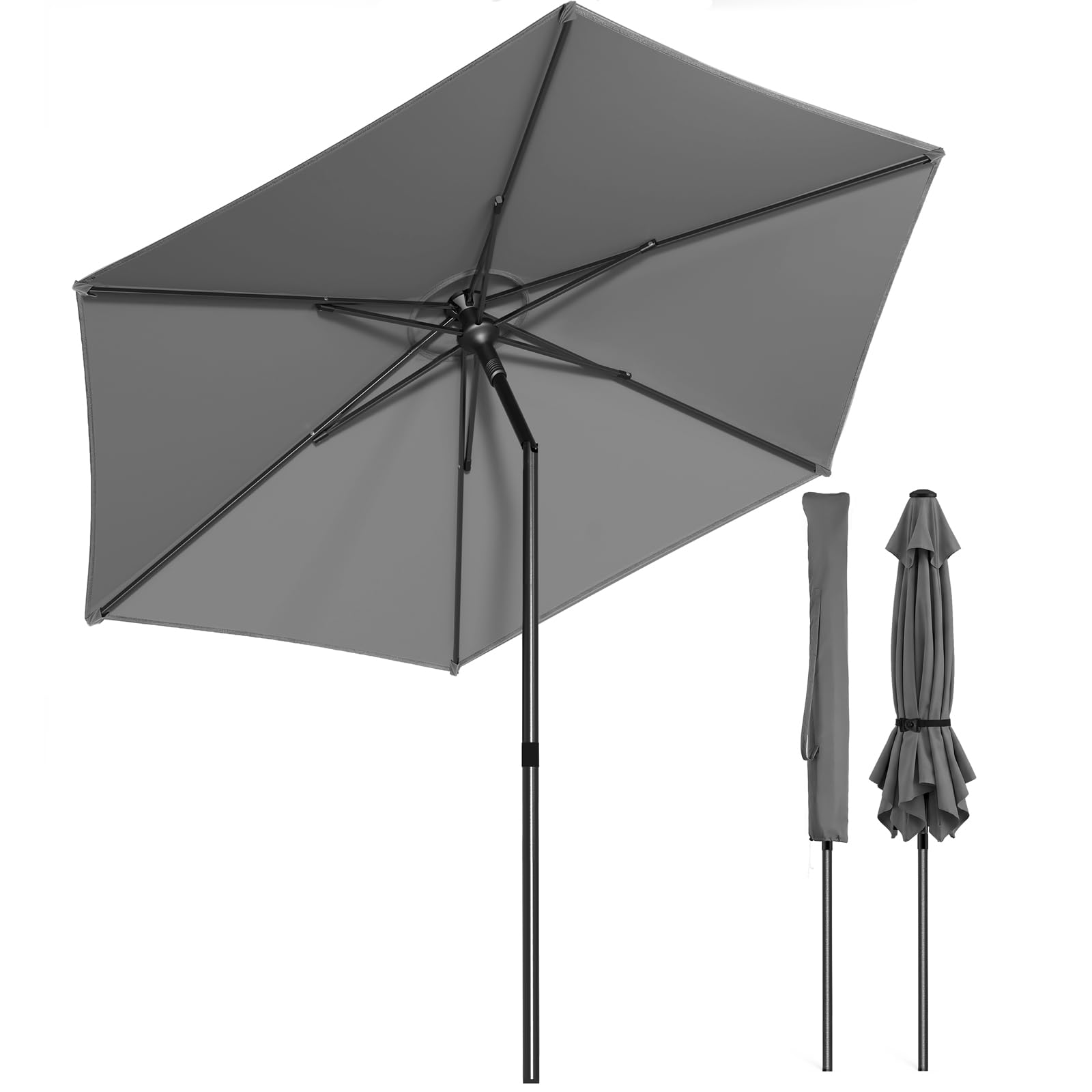 VOUNOT® 270cm Garden Parasol, UV50+ Sun Umbrella with Shoulder Carry Bag, Tilting Umbrella, Sun Shade for Outdoor, Patio, Garden, Grey