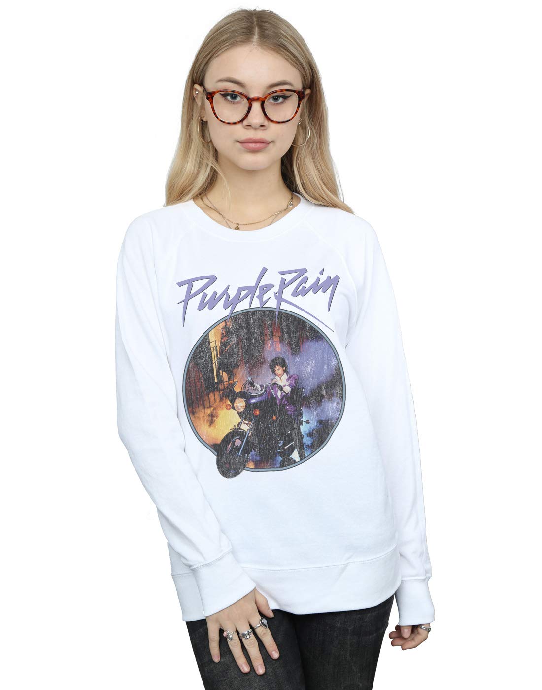 Absolute Cult Women's White Prince Purple Rain Distressed Sweatshirt Medium