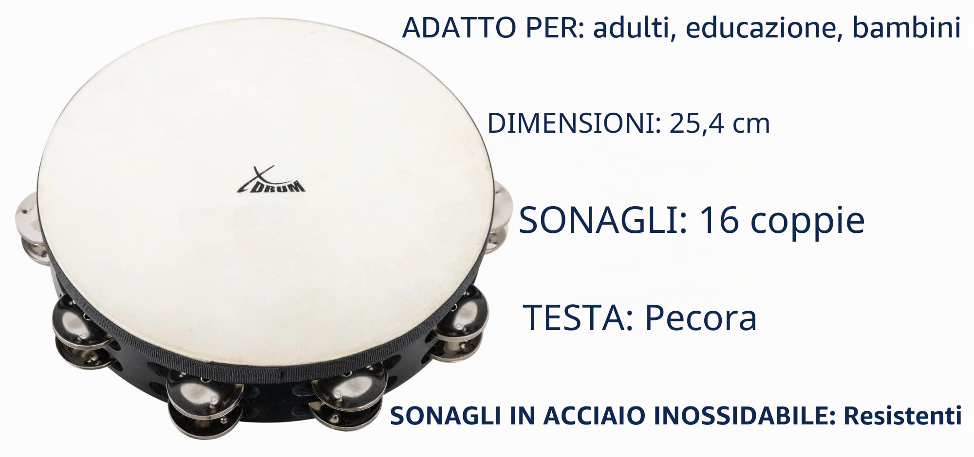 XDrum TMF10-BK Tamburello 10" con Pelle, Diametro: 10" (25, 4 cm) | 4 cm), 16 coppie di jingles in acciaio inox, Doppia fila, Pelle naturale selezionata, Cornice in acero nera, Altezza: 5, 5 cm