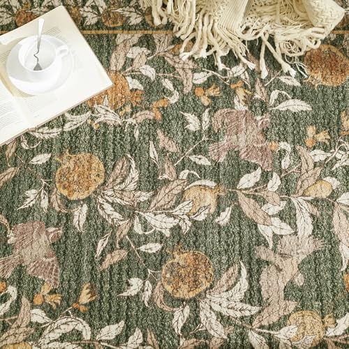 TOPICK Blume Fußmatte Waschbar Fussmatte Innen Kurzflor Retro Vintage Orange-Grün Romantisch Teppich 60x90cm Antibakterieller Faltbar rutschfest Türmatte für Haustür Küche Patio Flur Schlafzimmer