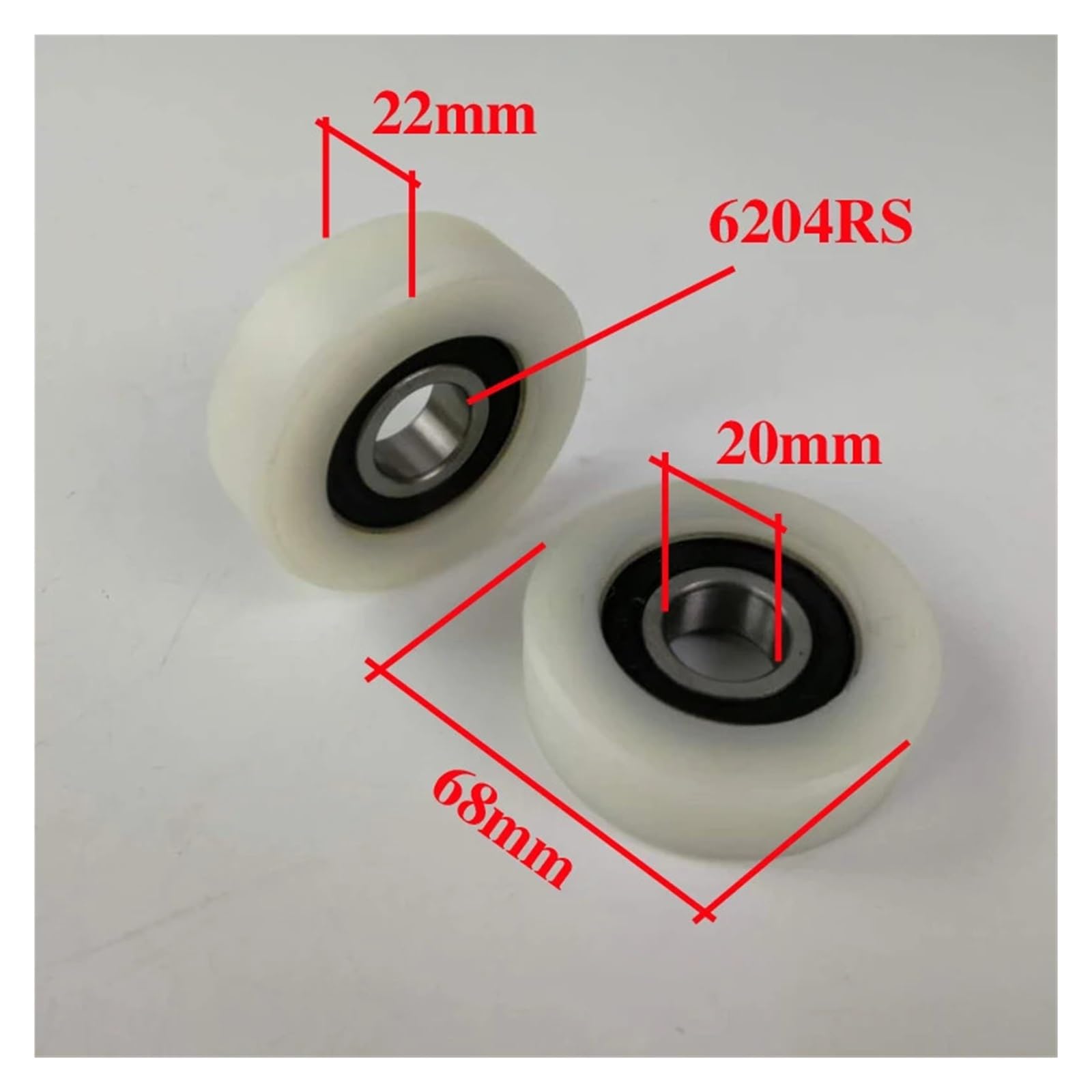 1 unid/lote rodillo/polea/rueda de nailon blanco deslizante, paquete de nailon recubierto 6204RS, orificio de rodamiento de 20mm, diámetro 68mm, espesor 22mm.