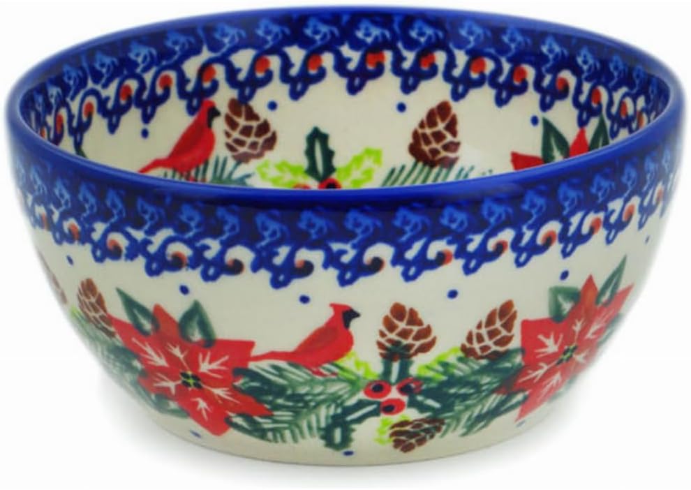 Polmedia Polish Pottery Bowl 5-inch - Spring Country Trip Pattern Handmade in Boleslawiec Poland by Ceramika Bona + Certificate of Authenticity