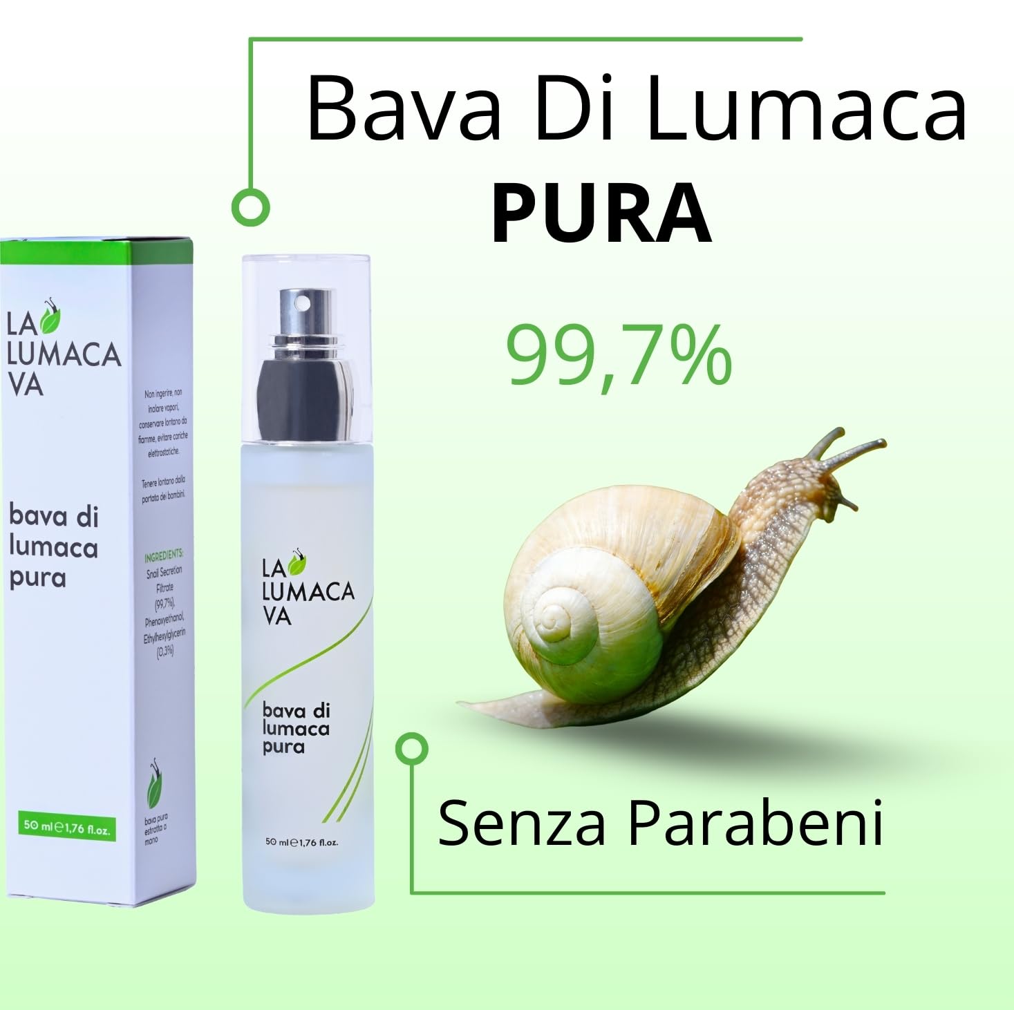 LA LUMACA VA Gesichtsserum aus 100 % reinem Schneckenschleim, gegen Unreinheiten, Anti-Falten, feuchtigkeitsspendend, beruhigend, Narbenbildung, Fleckenschutz, 50 ml, hergestellt in Italien