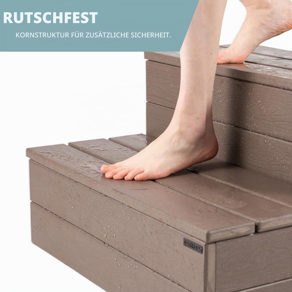 DENKOE Whirlpool-Stufen – Holz aussehender Kunststoff – 100 % wasserdicht – braun, rutschfest, strapazierfähig, vielseitig einsetzbar als Veranda-Treppe, Whirlpool-Treppe, Außentreppe, passend für