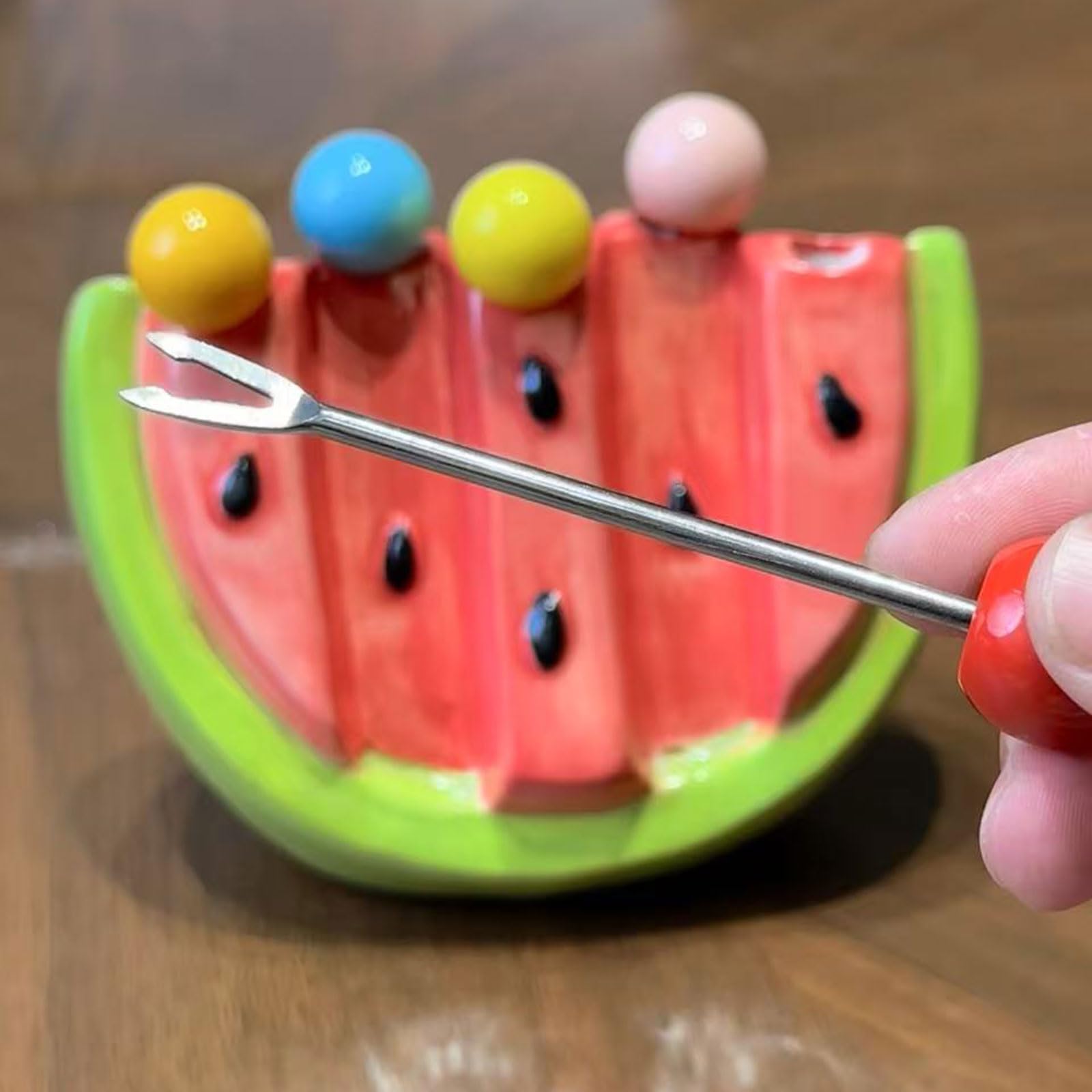 Fourchettes à Dessert, Fourchette à Fruits en Acier Inoxydable avec Boîte de Rangement Céramique en Forme de Pastèque & 5 Fourchettes réutilisables pour Cuisine, Fête