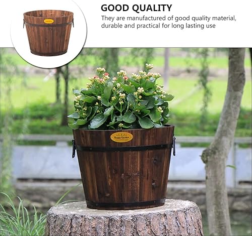 Miniatura 7 de Hemoton Jardinera de barril de efecto de madera de jardín mediano, maceta de barril de whisky al aire libre, contenedor de planta de cultivo de