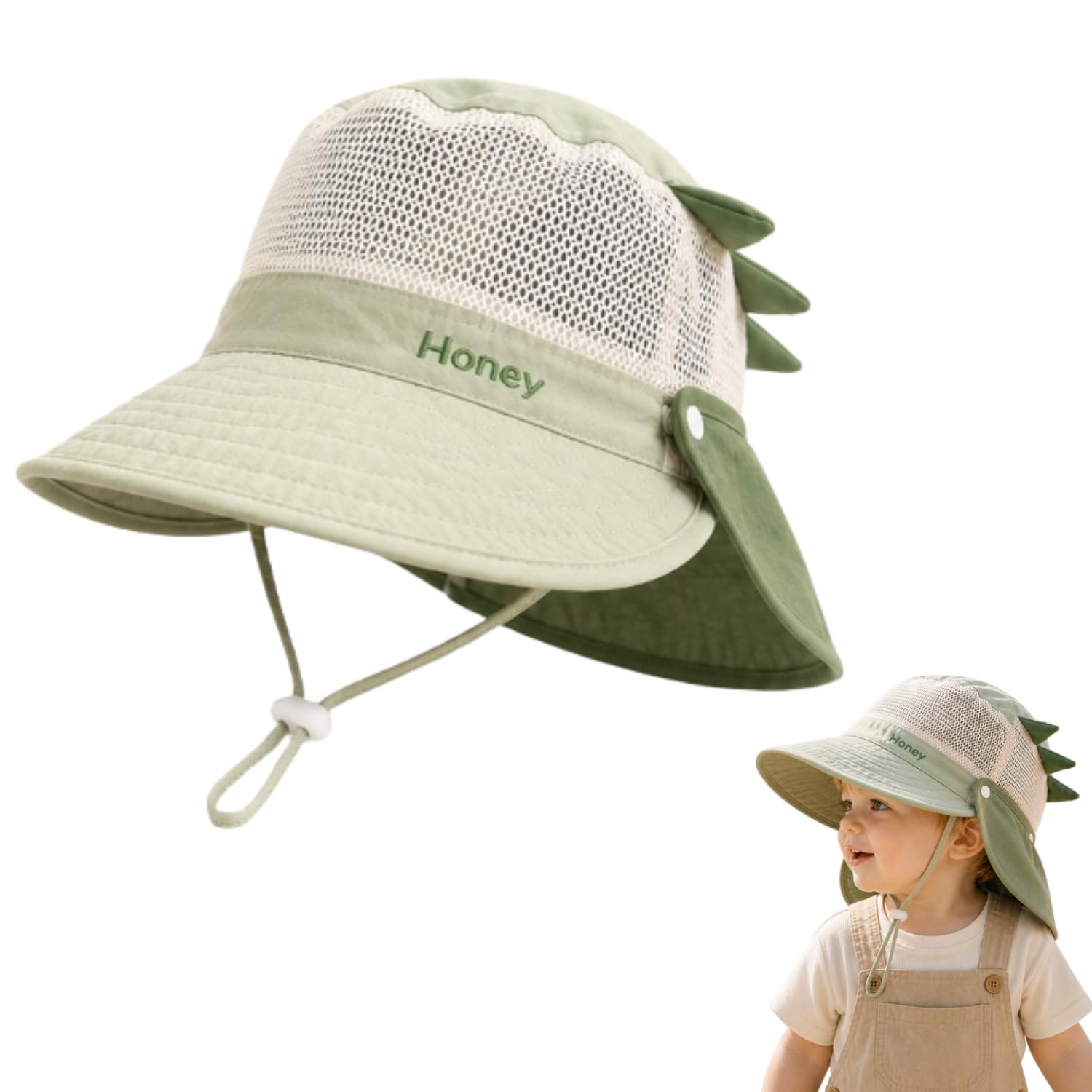 Flavizo Green Baby Sun Hat Summer Cap for Baby Boy 1-3 Years, UV Protection, Adjustable Chin Strap, Back Sun Shield, Breathable and Comfortable, Beach Travel Baby Hat-1