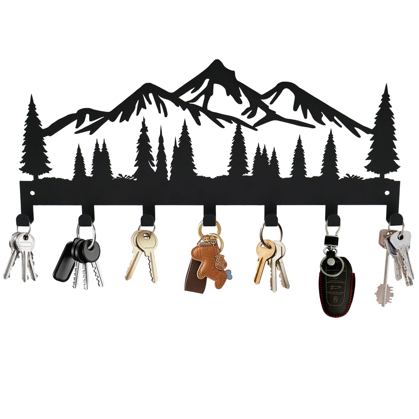 Key Holder for Wall | Metal Key Holder Hooks Organizer Rack | Metal Key Organizer Wall Decorative with 7 Hooks for Entryway, Front Door, Hallway, Kitchen, Office (12 Inches, Mountain)