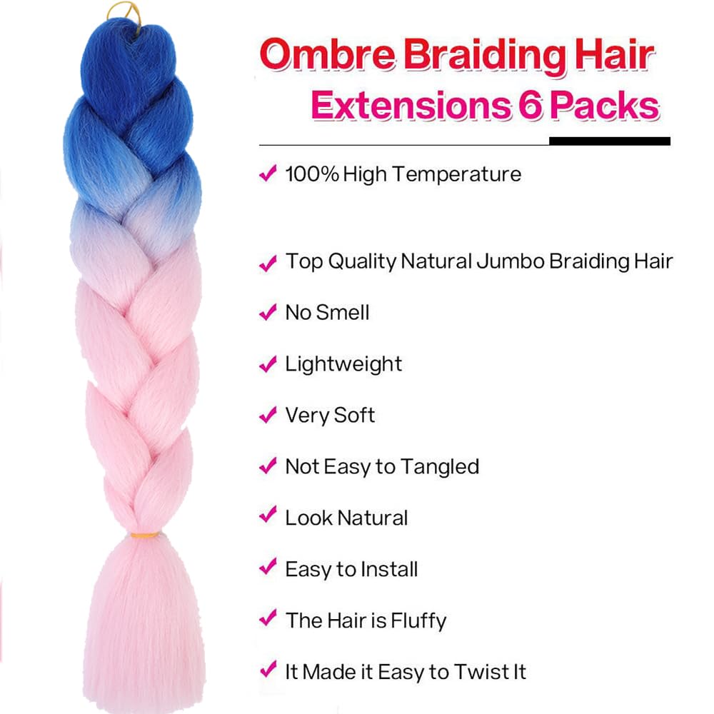 blue pink Braiding Hair Extensions 6 Packs Ombre Jumbo Braids Hair Hot water setting synthetic kanekalon Hair for Box Braids Crochet Twist Hair for women girls - Image 3