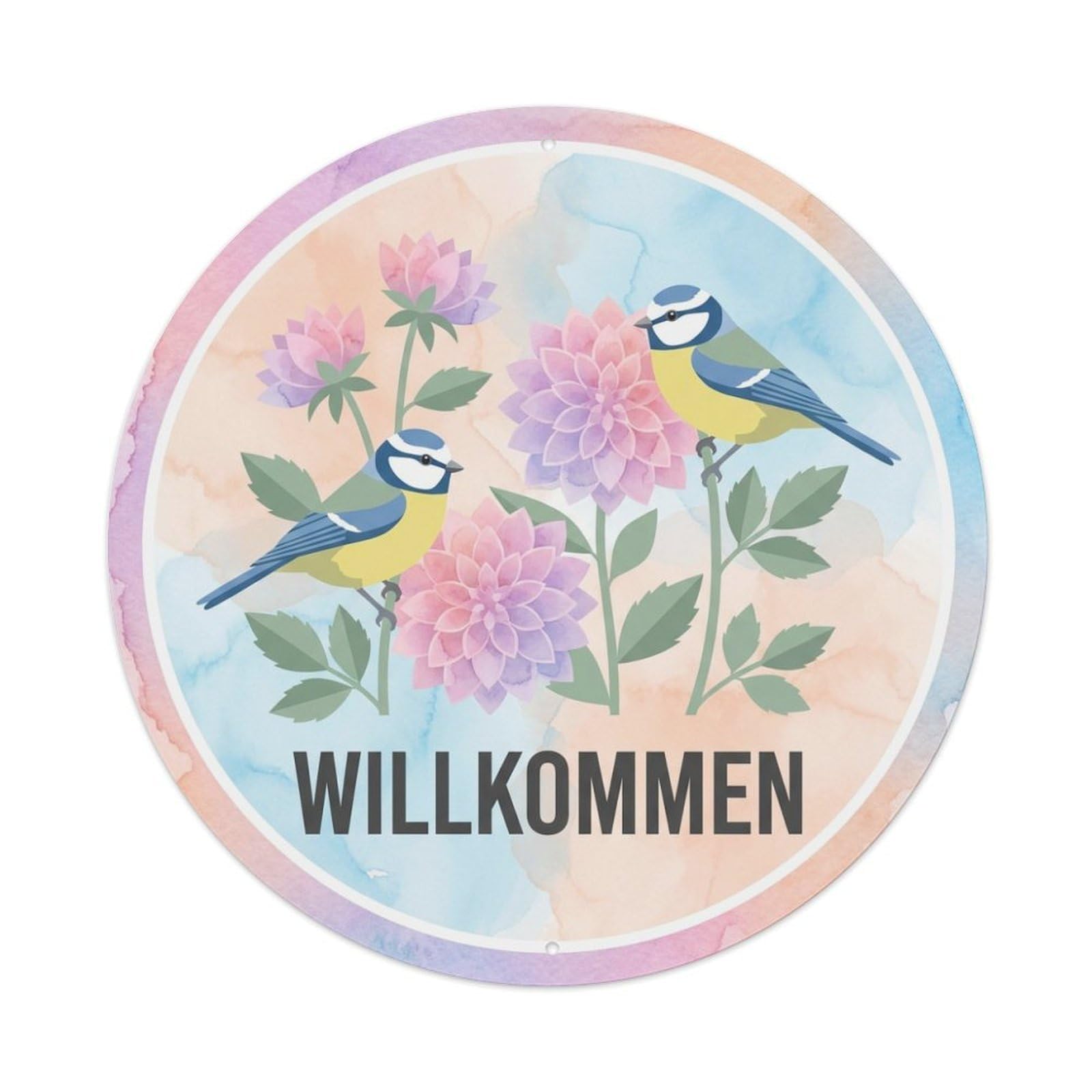 Watercolor Bird Slogan Willkommen Dahlia Metal Tin Sign