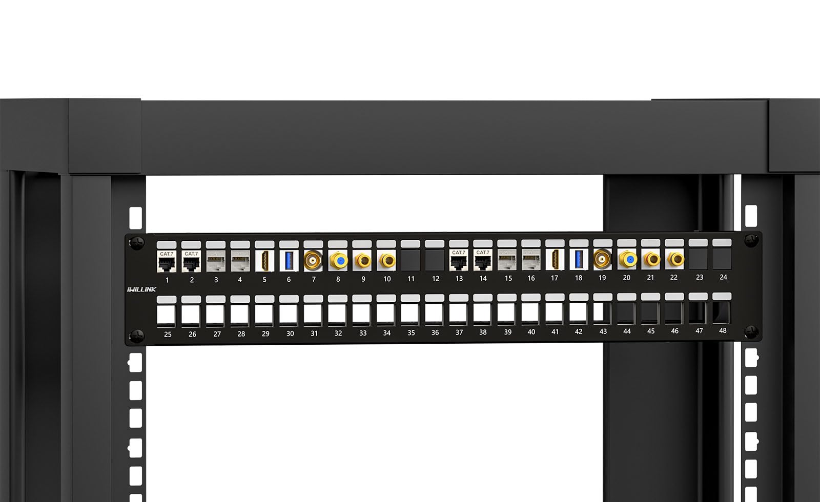 Iwillink Panel de conexión en blanco de 48 puertos para módulos Keystone, 2U, 19 pulgadas, con 24 insertos en blanco Keystone Jack, compatible con CAT6 CAT6A, CAT7 y CAT8