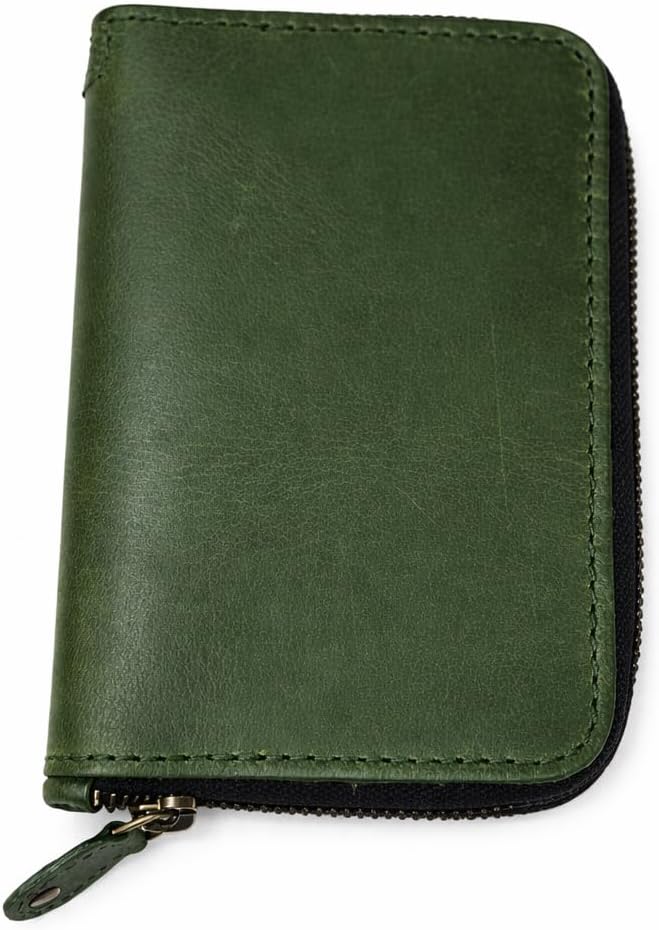 Zippered Leather Journal Cover Compatible with Moleskine Cahier TWONE Original Kraft Elan Pitch Pocket Size 3.5 x 5.5 for Field Notes Notebook Memo Books with Pen Holder Handmade (Green)