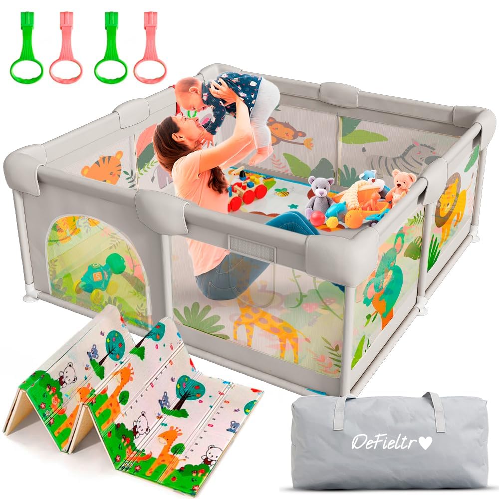 Selva - Box per bambini, 120 x 120 cm, con rete di animali traspirante, box pieghevole antiscivolo, tappetino imbottito + 4 anelli