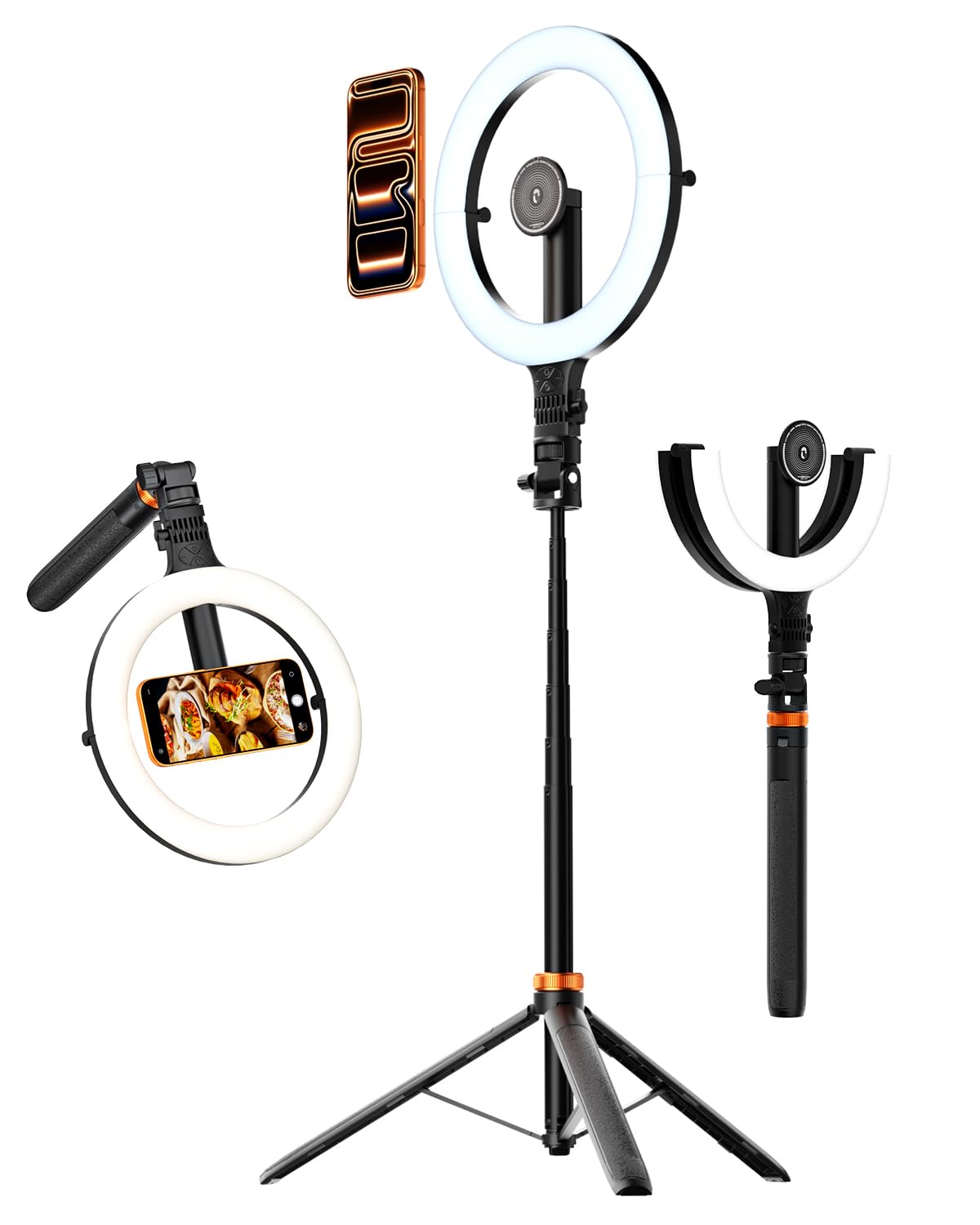 10,2" Magnetisches LED-Ringlicht Mit 76" Verstellbarem Stativ, 5000mAh Wiederaufladbares Selfie-Ringlicht Kompatibel Mit MagSafe Handy, Handyständer 3000K–6500K Beleuchtung Für TikTok, YouTube