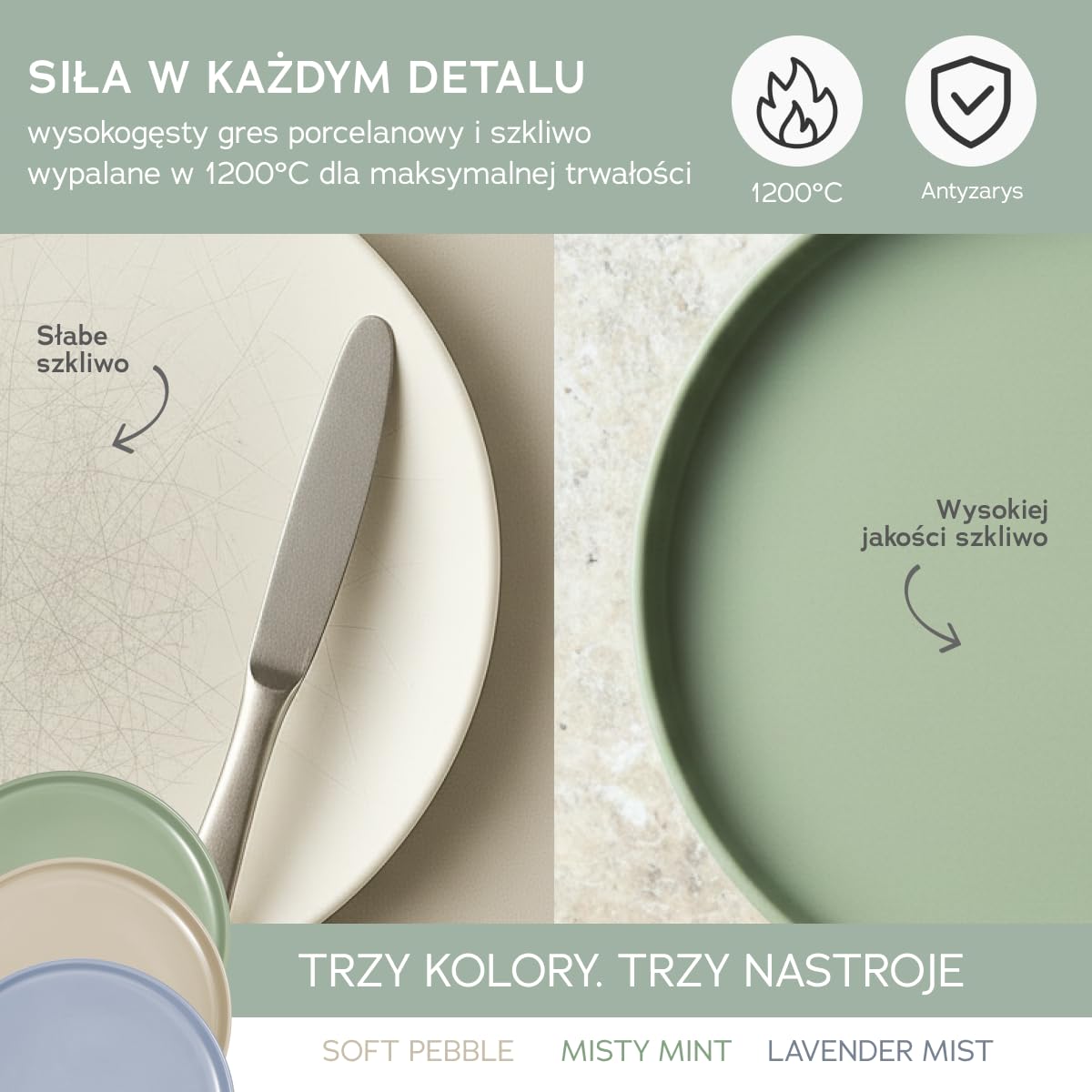 18-częściowy zestaw naczyń z kamionki porcelanowej – masywniejsze i bardziej odporne na zarysowania niż talerze i miski z kamionki, w kolorze miętowej zieleni, błyszczące | zielone naczynia stołowe po