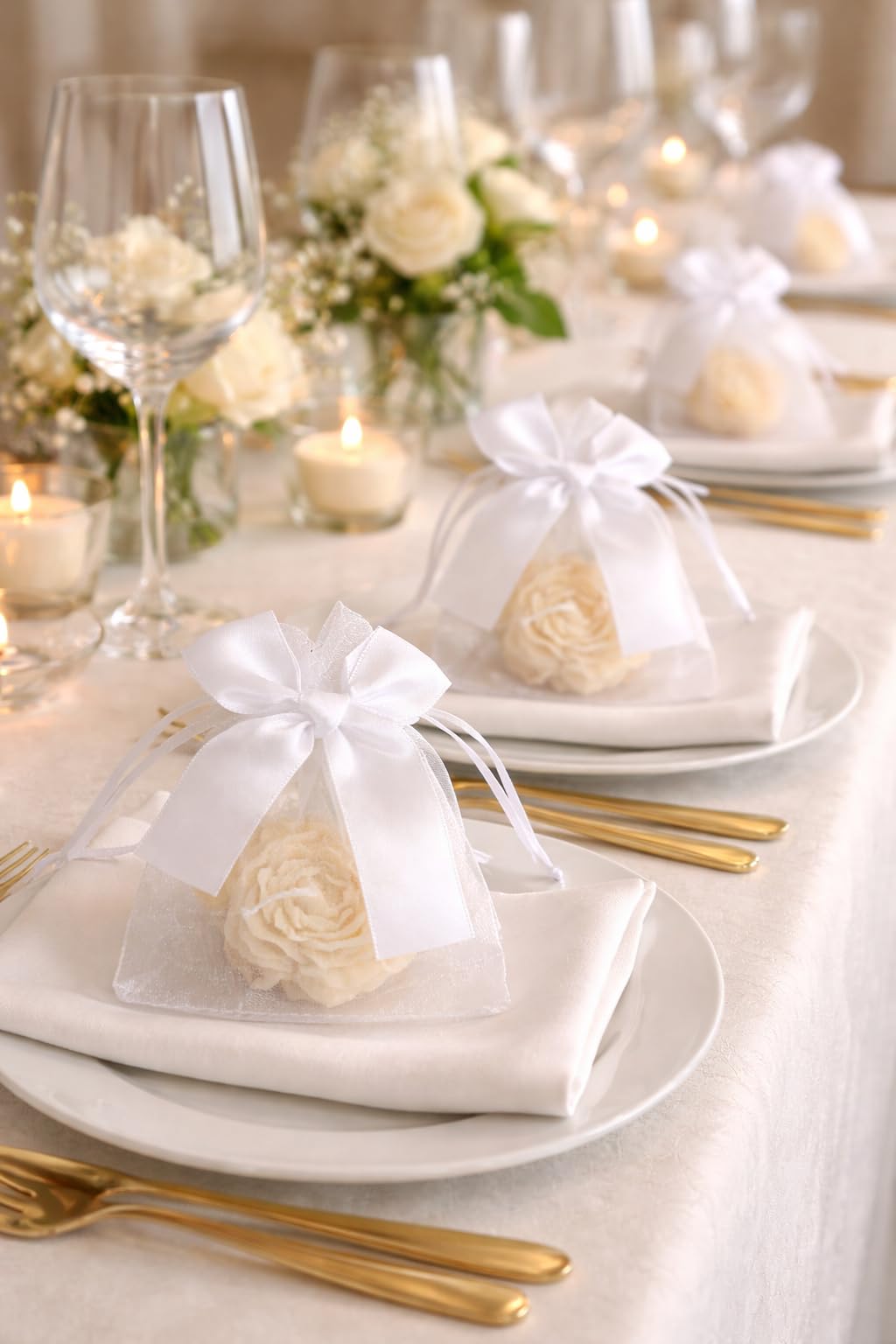 Bougies Petites Fleurs crème en Cire de Colza 20 pièces + Pochettes Organza pour Mariage Baptême Naissance