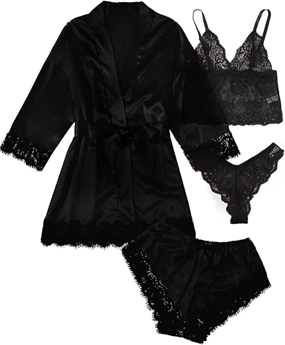 Women's Satin Floral Lace Pajama Set with Robe Bahrain Ubuy