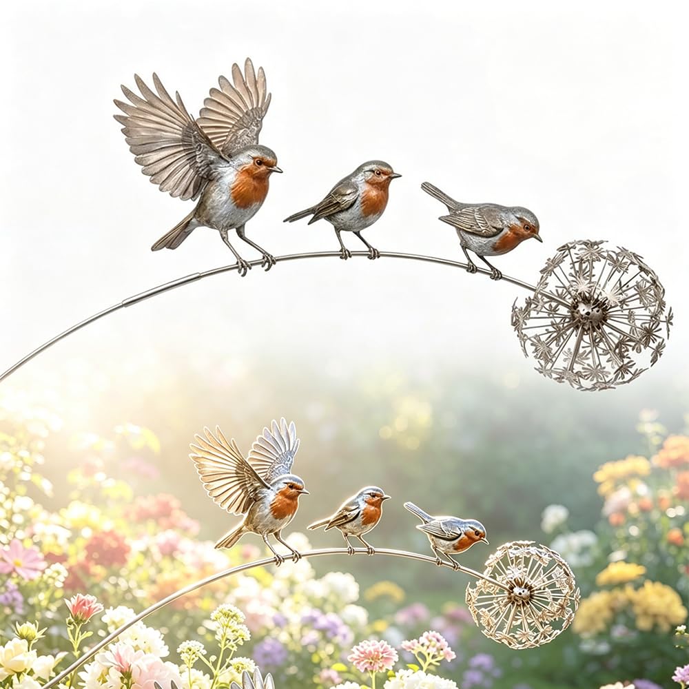 Jugrape 3 Metal Robin Garden Stakes, Bird Sculpture Yard Art Decor