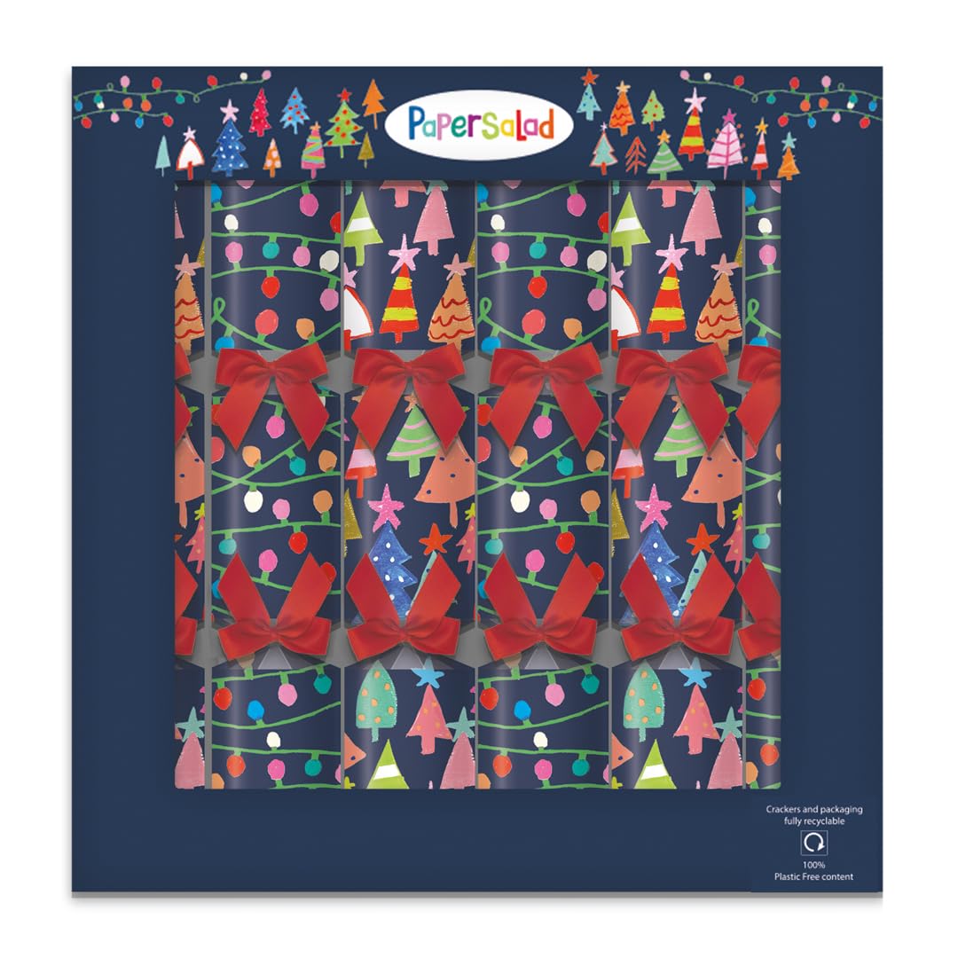 Penny Kennedy Paper Salad Designed Christmas Crackers - Bright Christmas Design - Tray of 6 x 13 Inch - Eco Friendly Plastic Inside - Luxury Deluxe Christmas Crackers