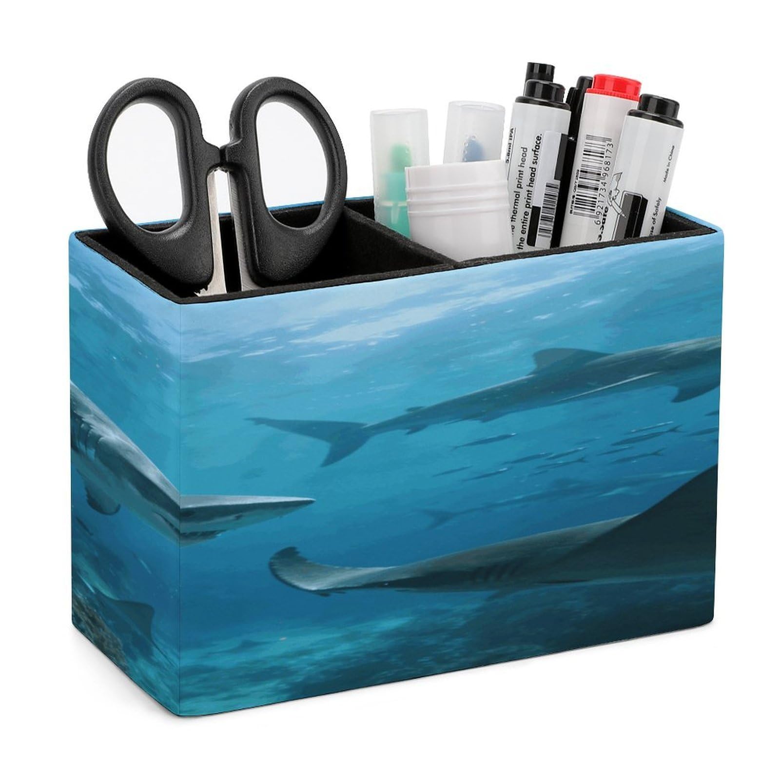 LZQPOEAS Sharks in The Underwater World Pen Holder Double Compartments Pen Cup Makeup Brush Holders Leather Pencil Holder Locker Organizer for Work Locker Accessories Modern Pencil Cup for Desk