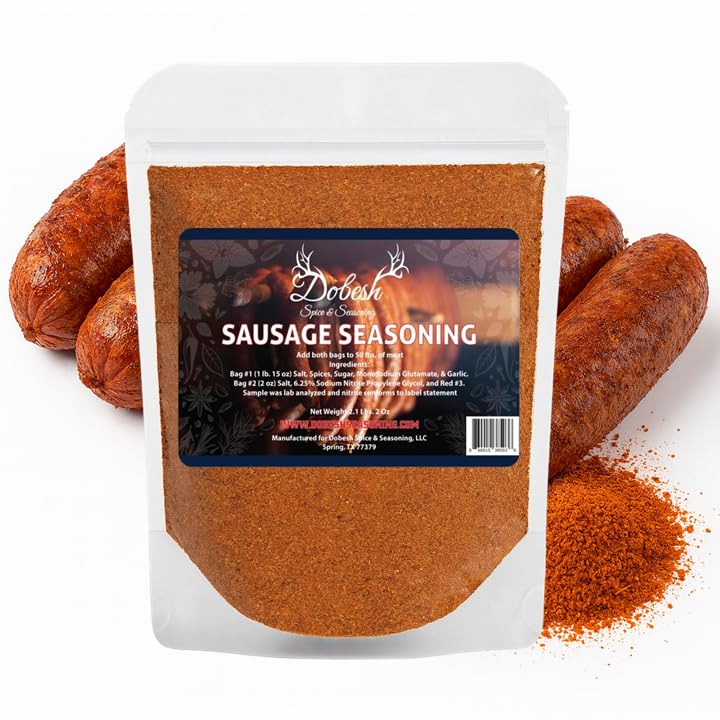 Dobesh Sausage Seasoning Mix with Cure - Seasons up to 50 Lbs of Meat (Wild Game or Domestic) - Texas Smokehouse Style flavor - Slightly Spicy & Peppery (32 ounces)