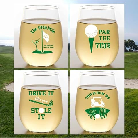 Set of 4 Shatterproof Designer 16 oz Plastic Wine Glasses MADE in the USA (GOLF) Cover