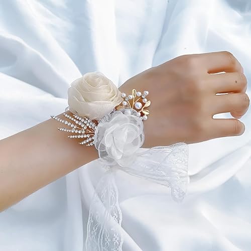 Miniatura 3 de 2 pulseras de ramillete de flores de rosa marfil, para boda, novia, ramillete de flores de mano, decoración para bodas, fiestas, pulseras para