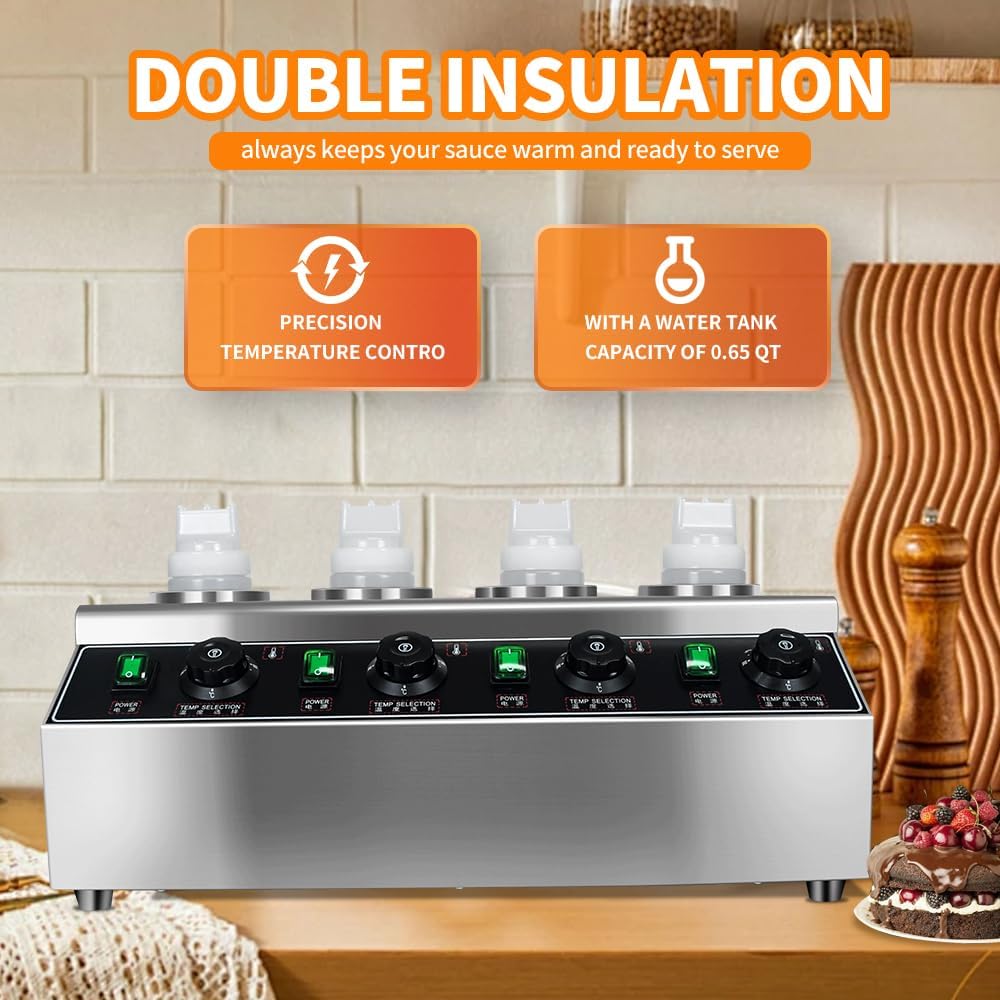 Commercial Electric Cheese Sauce Warmer Dispenser,0.68x4 Qt Hot Chocolate Nacho Cheese 86-185℉ Heater Hot Fudge with Bottles Adjustable