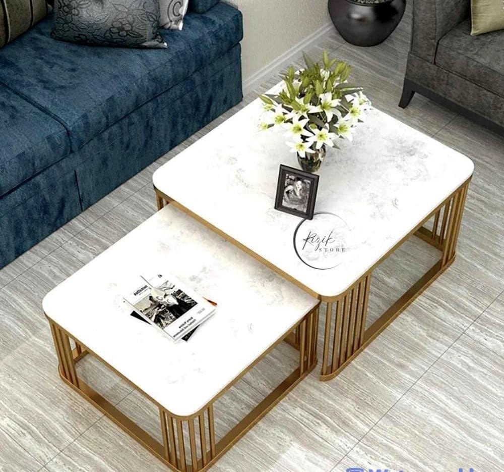 Furniture Cafe Square Nesting Coffee Table Set of 2 with White Marble Look Top & Gold Metal Frame | Modern Stackable Center Tables for Living Room, Bedroom, Balcony & Apartment (White & Black & Gold)-image-41