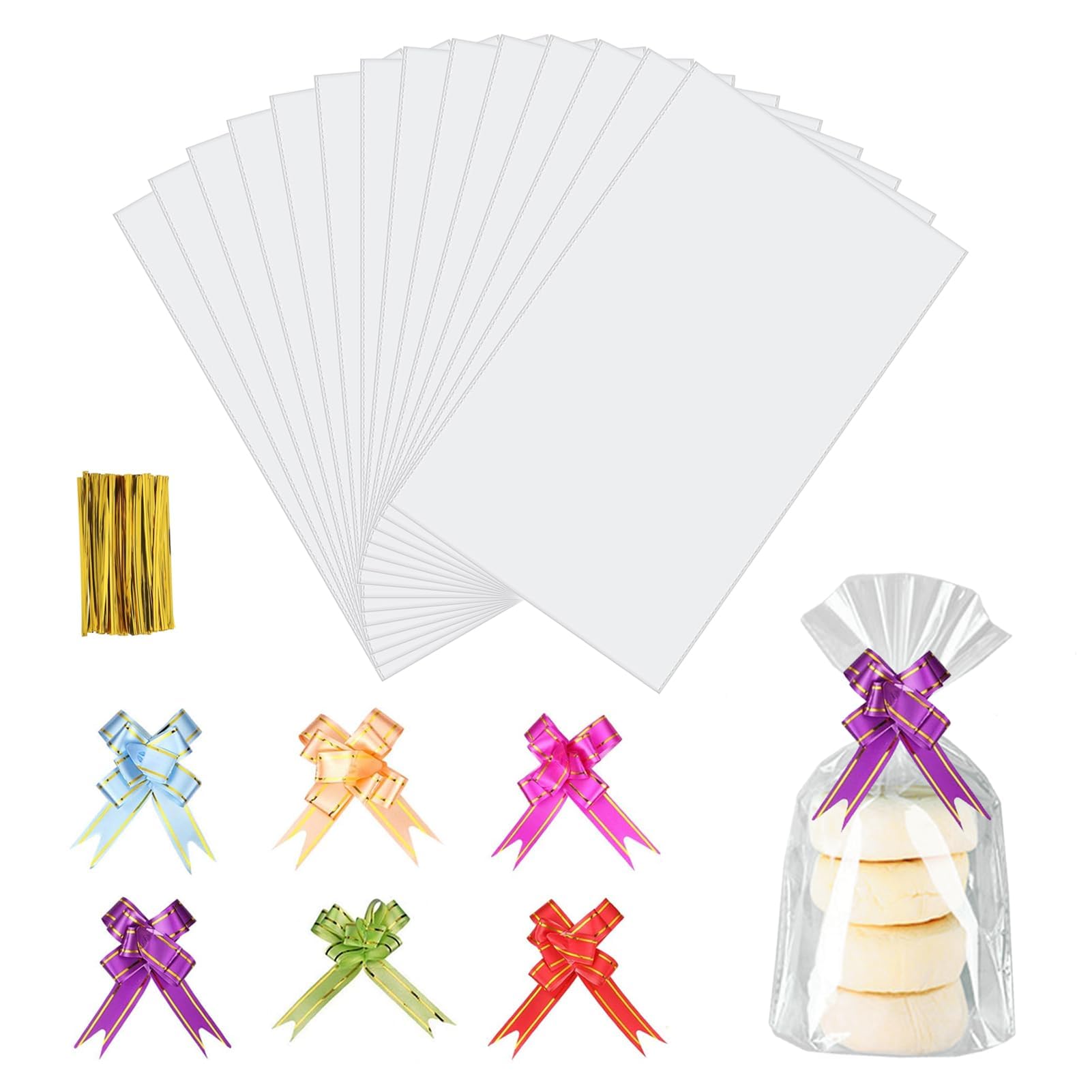 60Pcs Clear Cellophane Treat Bags, 15 x 25 cm Clear Resealable Flat Cello Bags OPP Plastic Bag Cellophane Storage Bags with 60Pcs Mix Colors Pull Bows for Candy, Soap, Cookie, Valentine Chocolates