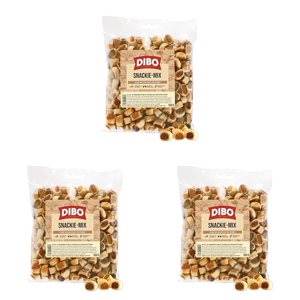 Snackie-Mix, 500g-Beutel, Backwaren als gesunde, natürliche Ernährung für Hunde von DIBO, Hundefutter, Barf, B.A.R.F., Leckerli, Hundekekse (Packung mit 3)