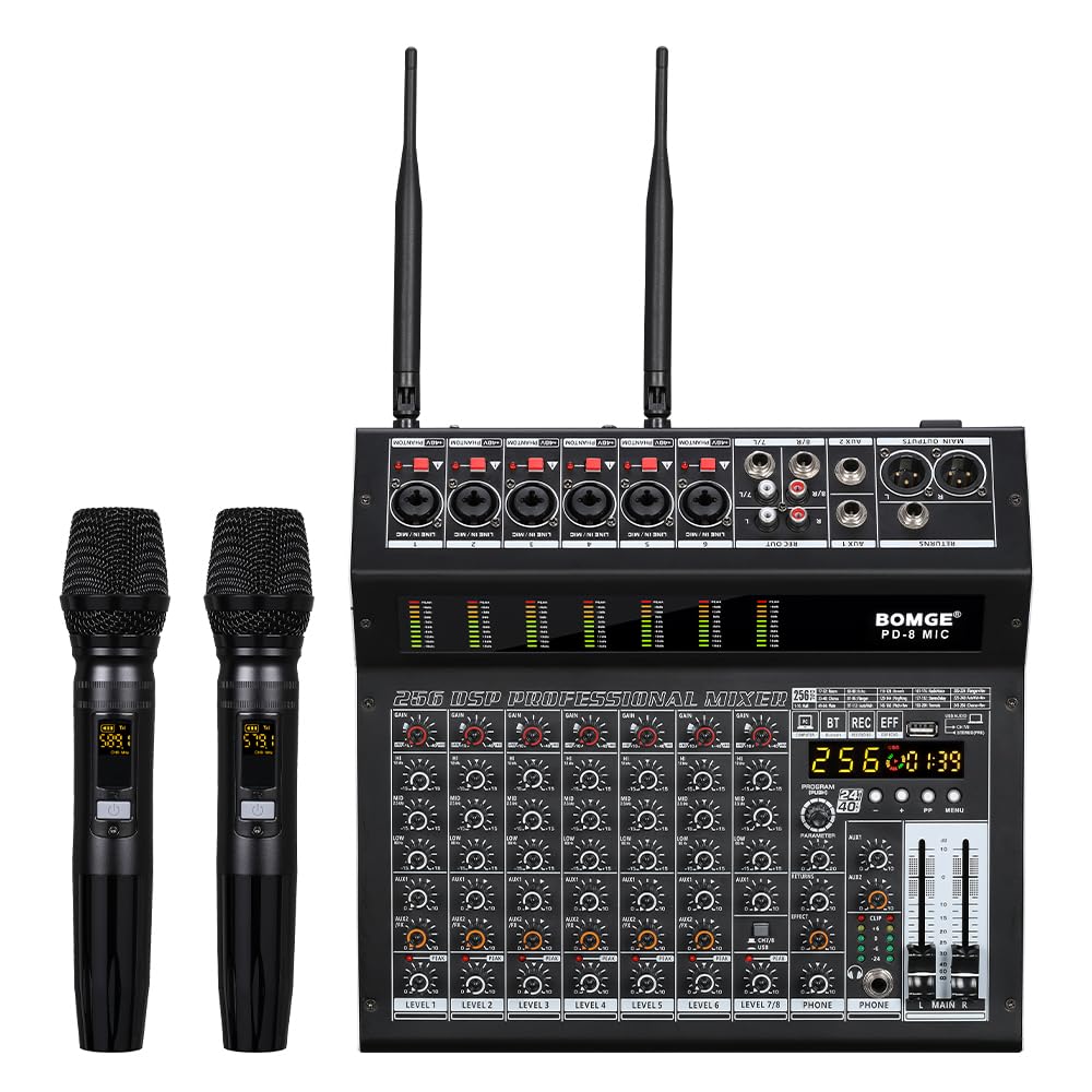 BOMGE PD-8MIC Professional 650w Powered Mixer, 8 Channel Sound Mixer With Dual Wireless Mic, USB, 256-Bit Effects, Bluetooth,48V for Live Bands and DJs