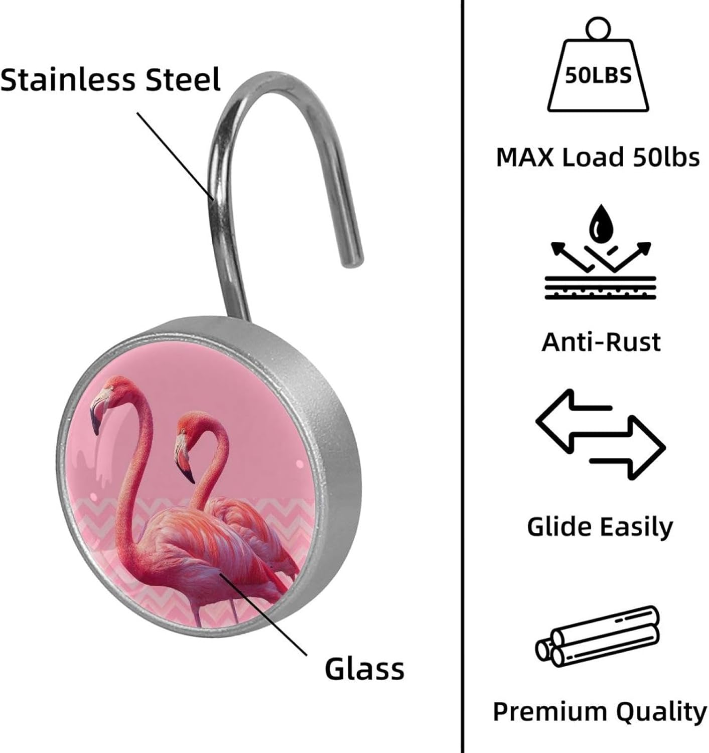 12 Pieces Pink Flamingo Couple Zigzag Shower Curtain Hooks Rings, Stainless Steel Shower Hook Hanger Rings for Bathroom Living Room Bedroom Home Decor