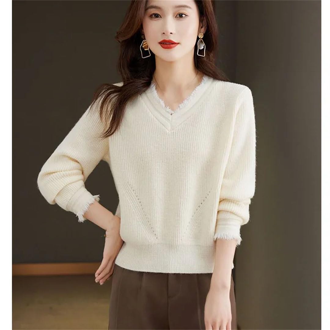 Damski sweter z dzianiny w stylu retro z dekoltem w serek, luźny ciepły miękki sweter