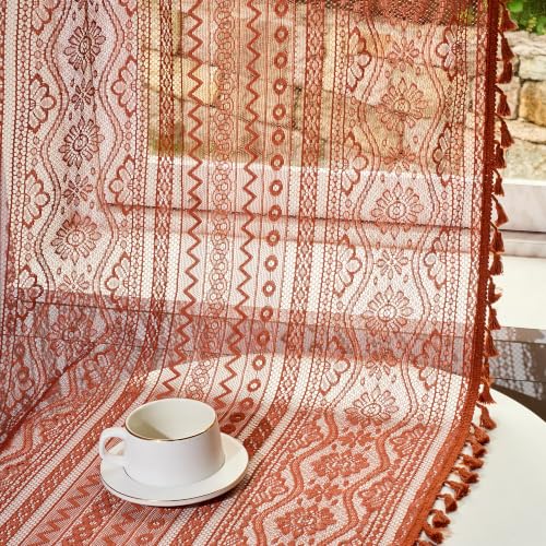 Image of MYSKY HOME Terracotta Boho Lace Sheer Curtains 90 inch Length 2 Panels Burnt Orange Floral Vintage Bohemian Crochet Geometry Curtains with Tassels for Living Room Bedroom Rod Pocket Home Decor, 55 inch W