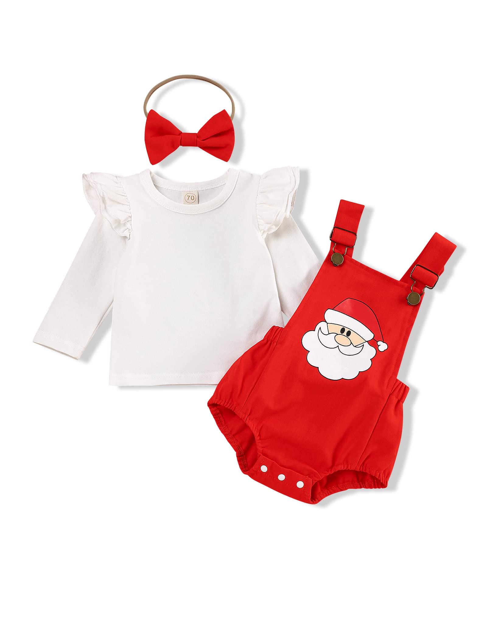Christmas Newborn Baby Girl Clothes Long Sleeve Santa Claus Printed Suspender Shorts Set with Headband Baby Girl Outfits