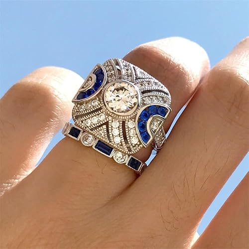 Juego de 2 anillos de plata de ley 925 vintage para mujer, con incrustaciones de circonitas, anillo de forma cuadrada, anillo de zafiro luxy súper