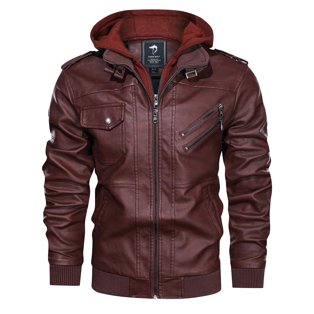 YAOTT Men's Leather Jacket with Detachable Hood Windproof Long