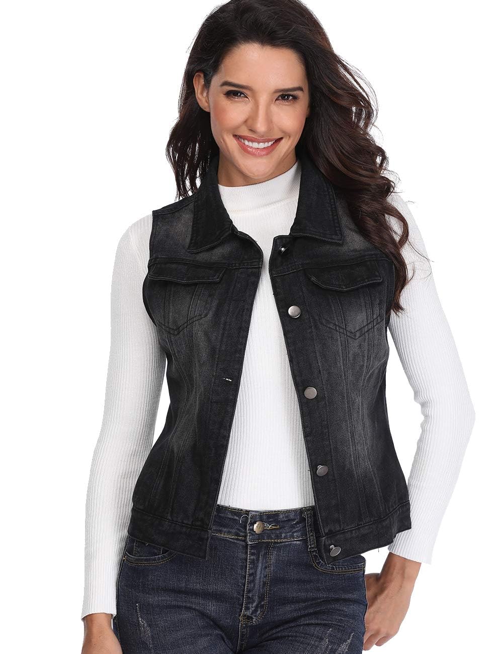 J.Corrine Damen Denim Weste Top Casual V-Ausschnitt Knopflei