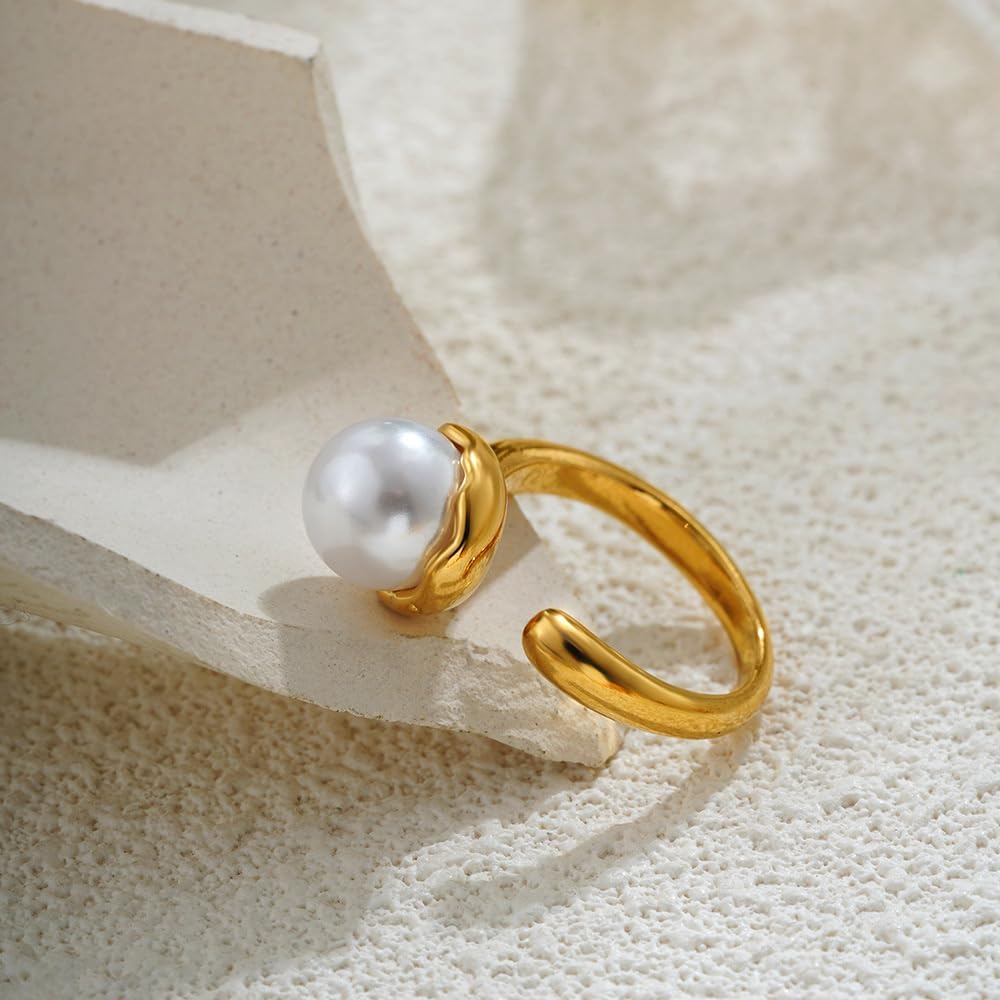 Pearl Open Statement Ring Band for Women Vintage Pearls Round Bead Wedding Stacking Rings Statement Promise Adjustable Finger Bands Dainty Jewelry - Image 5