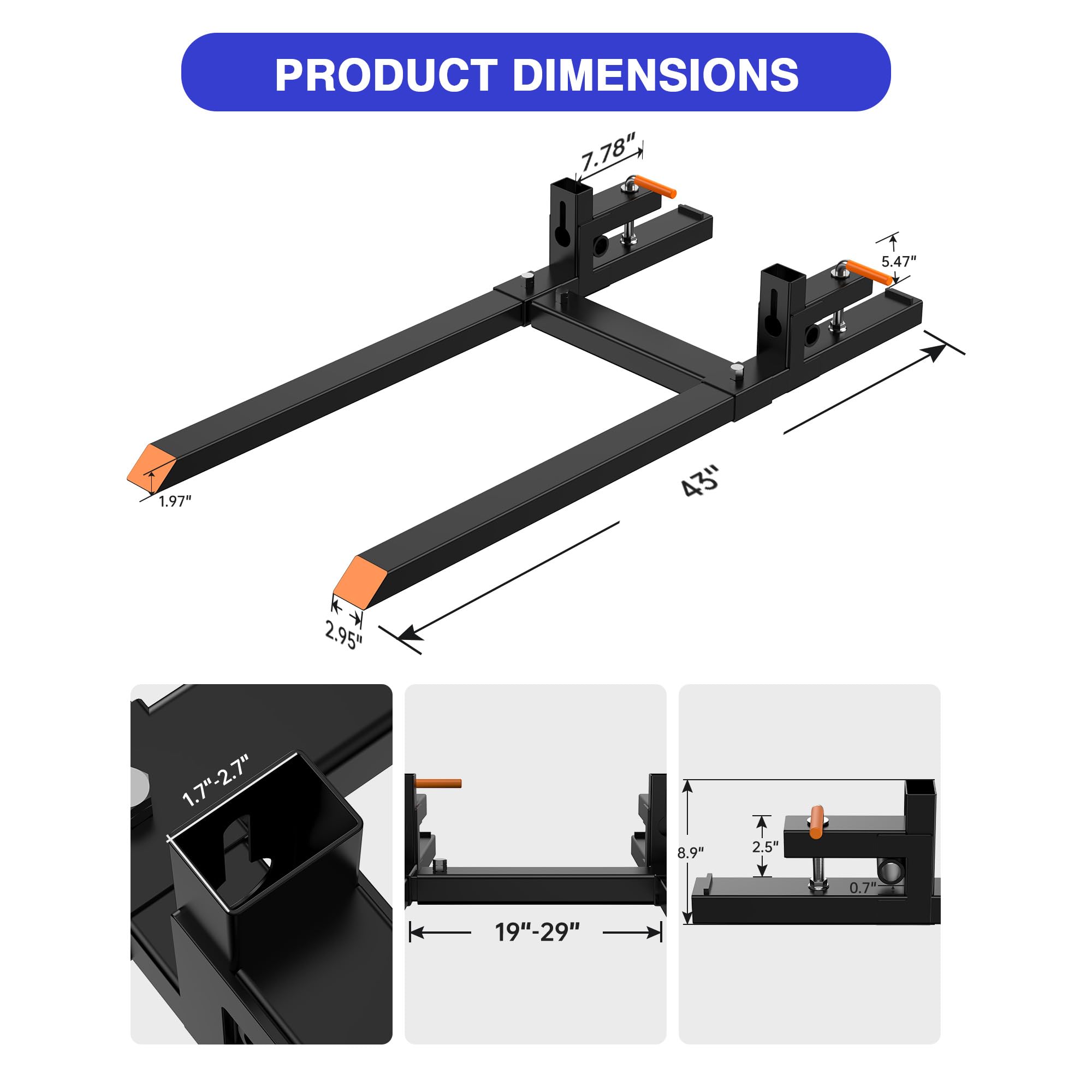 Fourches à palette robustes pour godet de tracteur – Capacité 2000 lb – Système de serrage, barre stabilisatrice réglable – Compatible chargeur et mini-chargeur – Noir + Orange | 43" Fork
