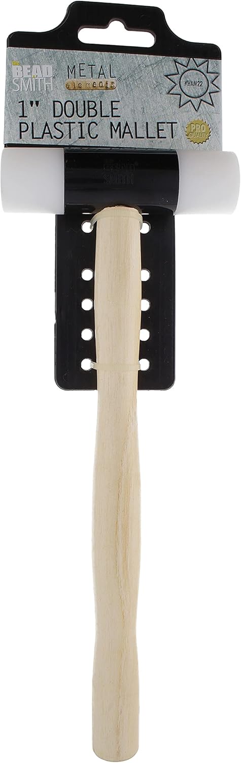 The Beadsmith Double Plastic Mallet - Metal Elements - 9.5 inches Wooden Handle - 90mm, 4.6oz head, 24mm faces - Use to flatten and shape sheet metal and wire with no risk of marring