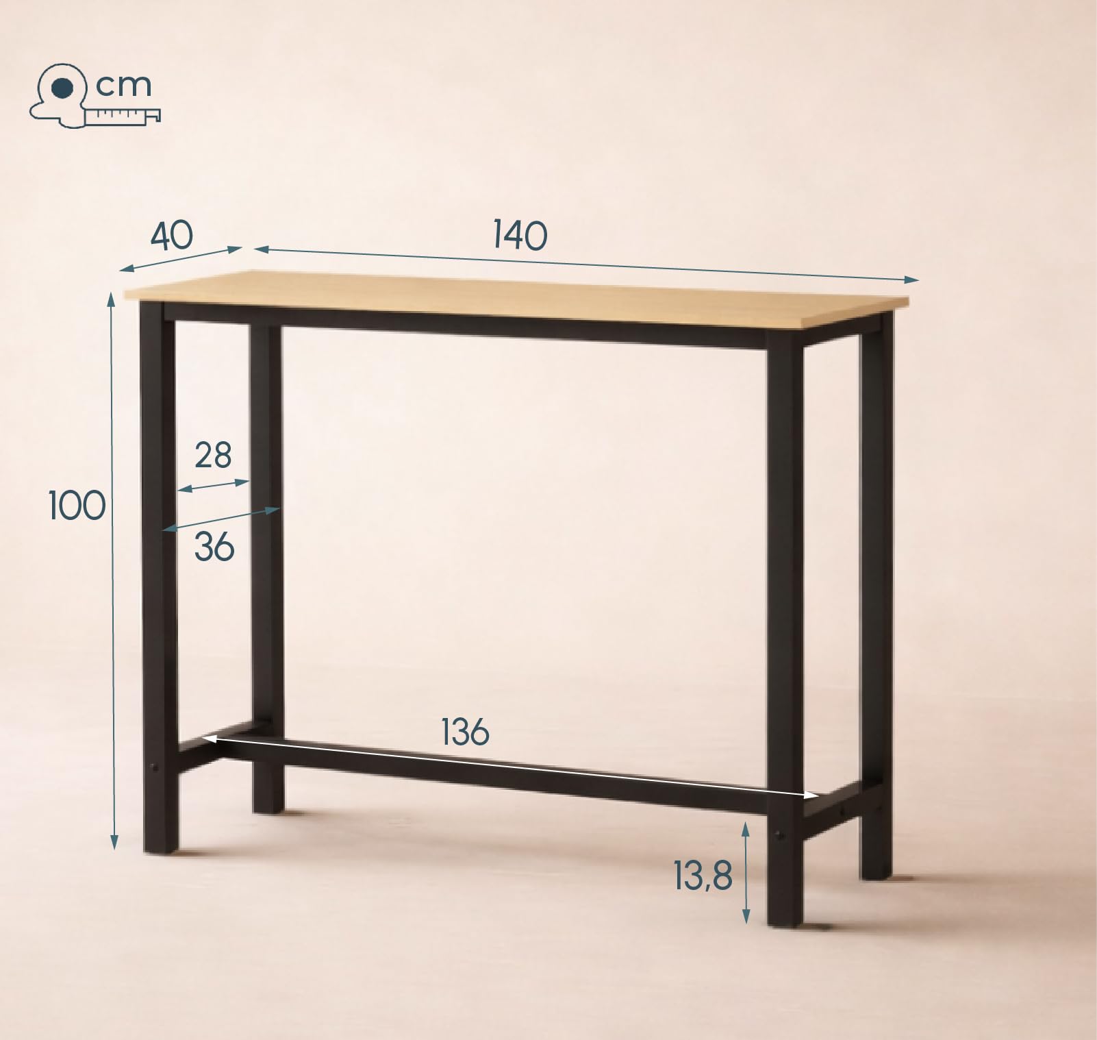 MB Muebles Bonitos, Tavolo Alto da bar Ani, Barra da cucina in Stile Minimalista con Gambe in Metallo, Melamina Opaca, Nero e Sonoma, 140x100x40 cm