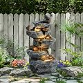 UTOASIS 5 Tiers Garden Fountain Outdoor, 26.4" Waterfalls Rock Waterfall with 4 LED Lights, Modern Resin Fountain Freestanding with Pump and Dicky Bird for Indoor and Porch Patio, Home Art Decor, Grey